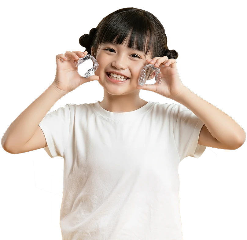 Smiling young girl holding clear aligners for kids by Dr Clear Aligners