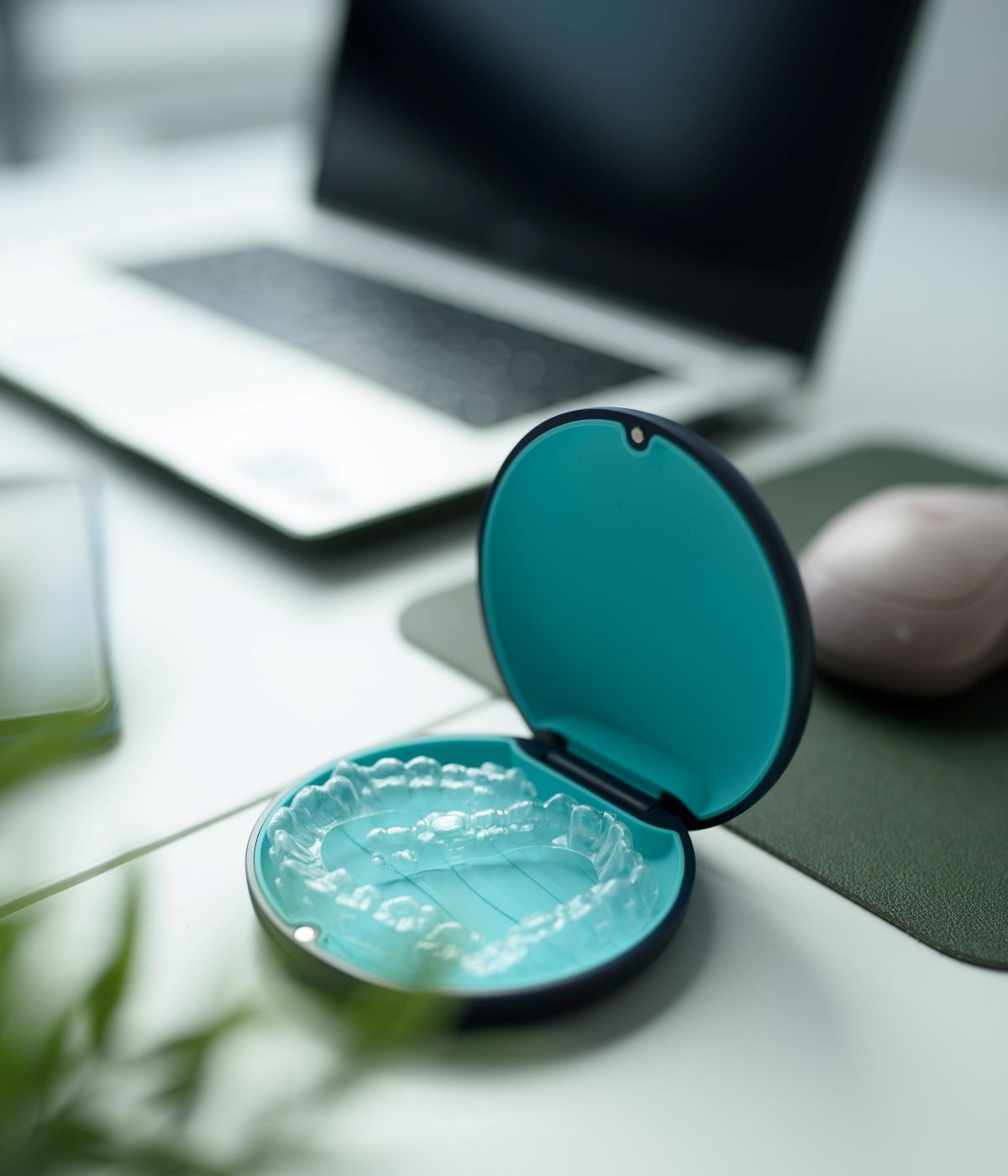 Clear aligner case on office desk